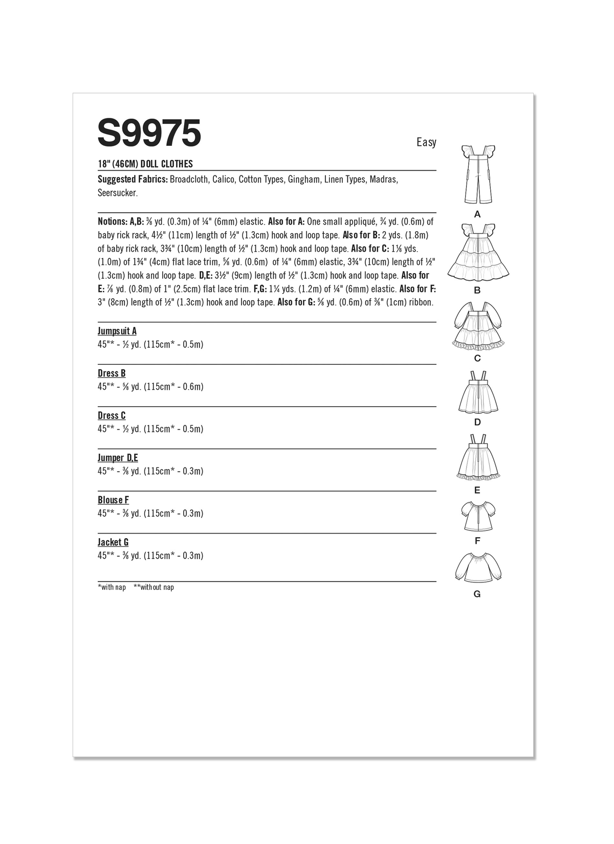 Simplicity 18" Doll Clothes Sewing Pattern by Elaine Heigl S9975OS