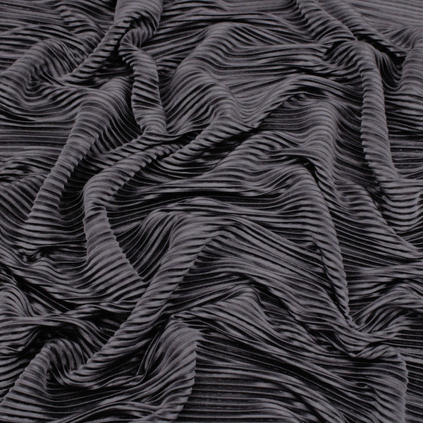Satin Feel Cloque Crinkled Pleats Plisse Fabric - Black