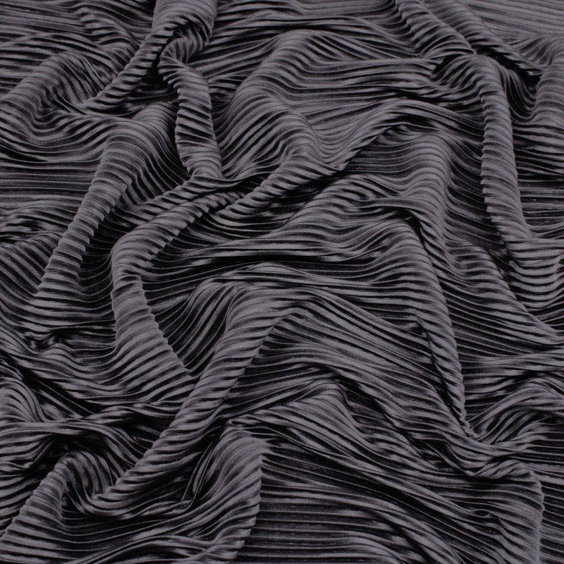 Satin Feel Cloque Crinkled Pleats Plisse Fabric - Black