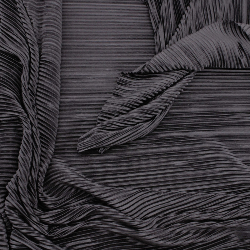 Satin Feel Cloque Crinkled Pleats Plisse Fabric - Black