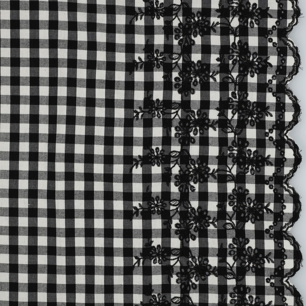 Scallop Border Cotton Embroidered Dressmaking Fabric - Black Gingham