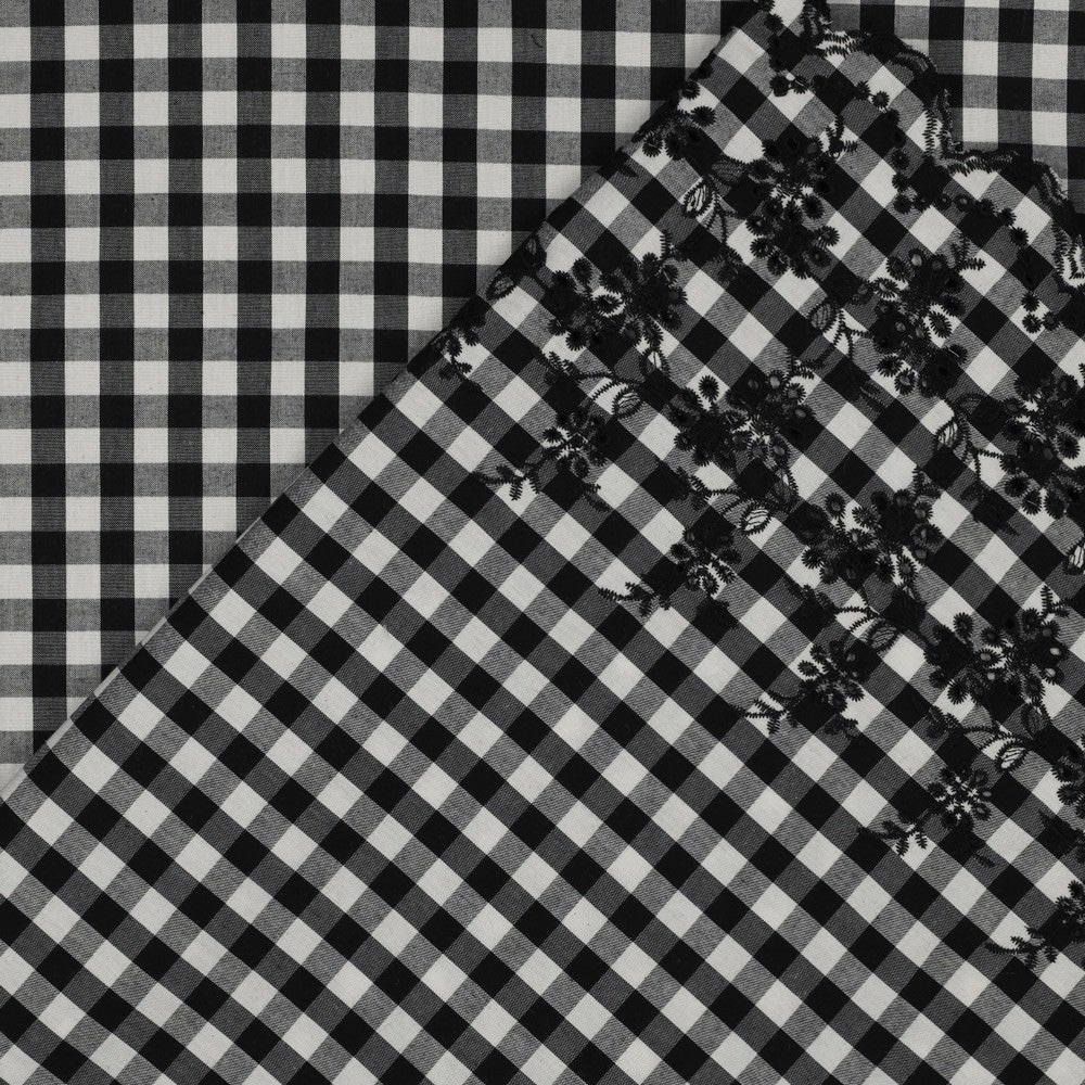 Scallop Border Cotton Embroidered Dressmaking Fabric - Black Gingham