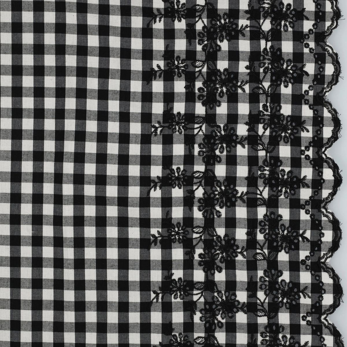 Scallop Border Cotton Embroidered Dressmaking Fabric - Black Gingham
