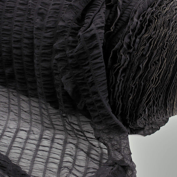 ★OVHEE★ BEAUTE CRINKLED Black Sheer Ruffle Stretch Crinkle Textured Mesh Lingerie - Black