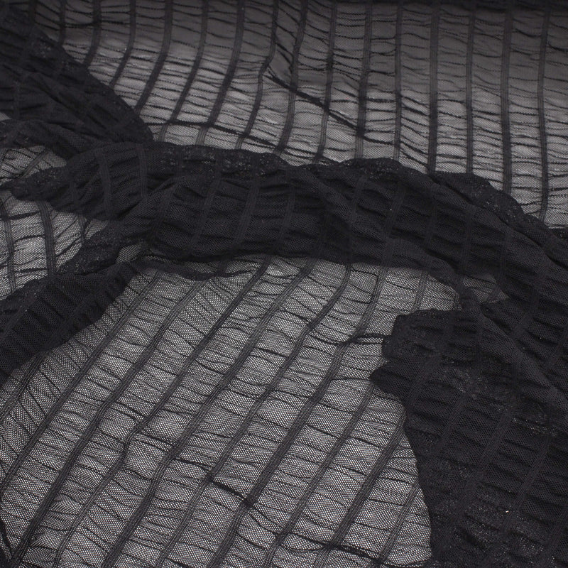 Sheer Ruffle Stretch Crinkle Textured Mesh Lingerie Black