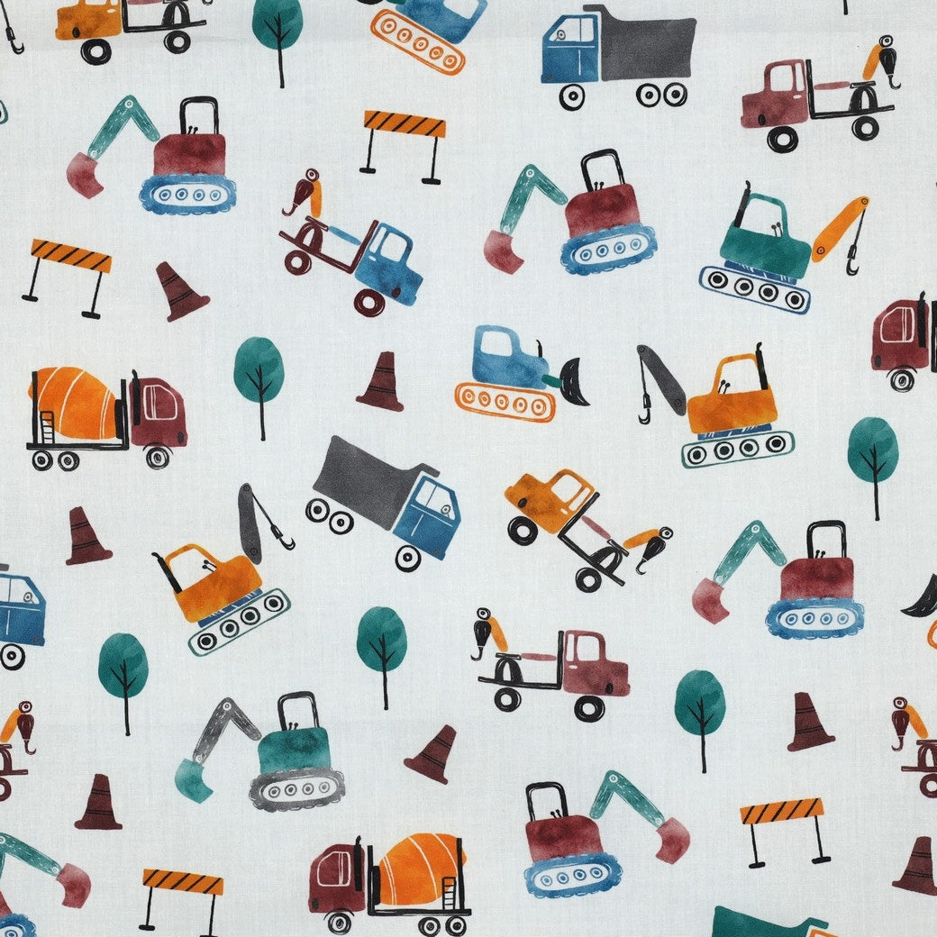 Stevie Printed Cotton Poplin OEKO TEX Dressmaking Fabric - Construction Vehicles