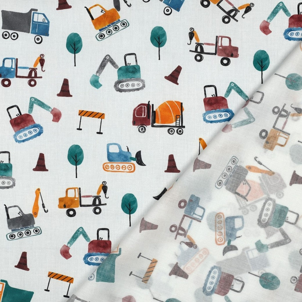 Stevie Printed Cotton Poplin OEKO TEX Dressmaking Fabric - Construction Vehicles