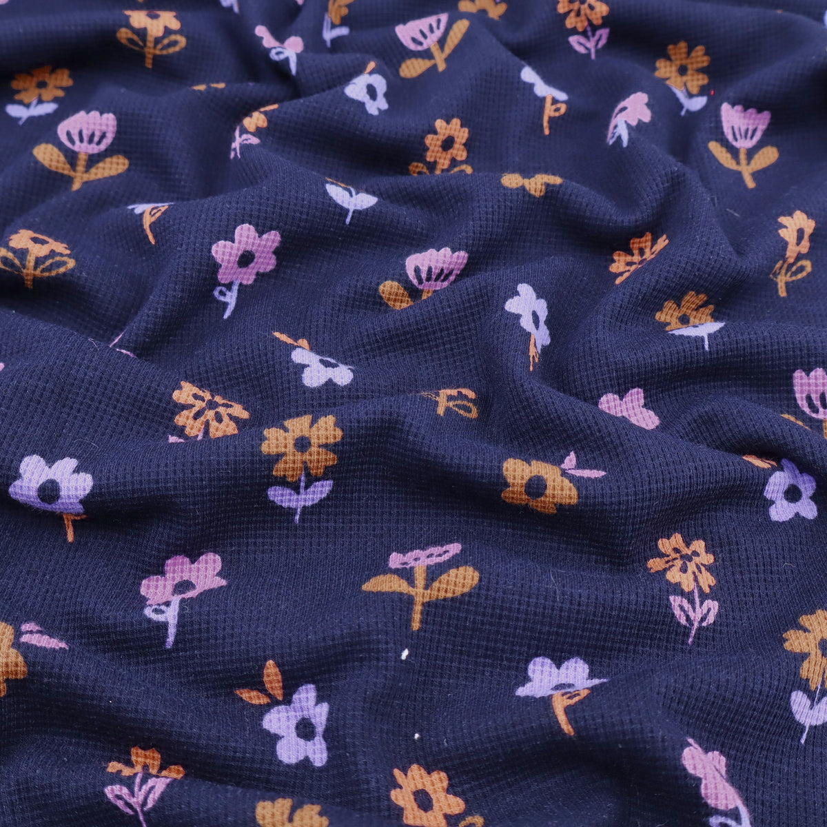 Suzie Printed Small Waffle Cotton Jersey Dressmaking Fabric - Flowers on Navy