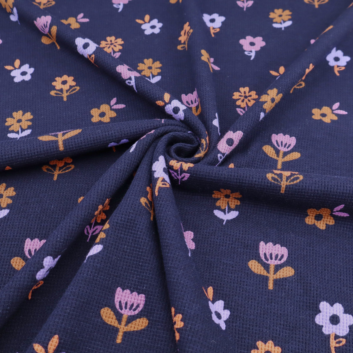 Suzie Printed Small Waffle Cotton Jersey Dressmaking Fabric - Flowers on Navy