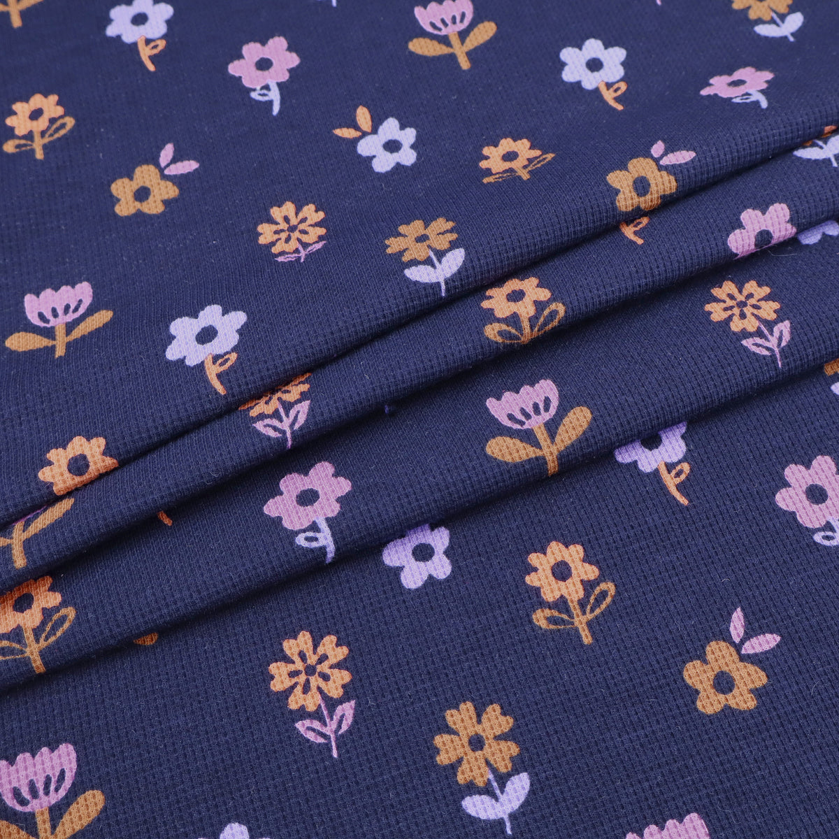 Suzie Printed Small Waffle Cotton Jersey Dressmaking Fabric - Flowers on Navy
