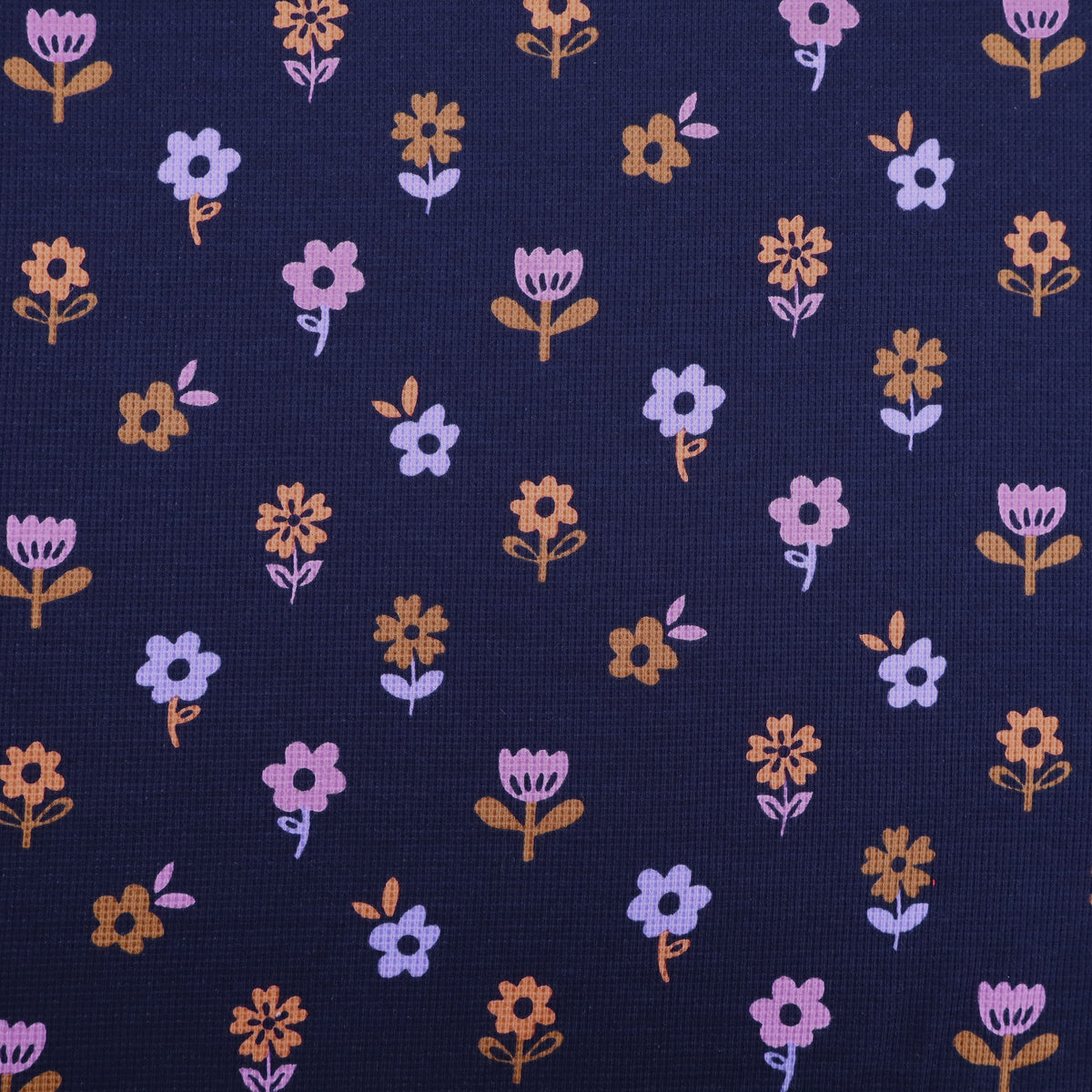 Suzie Printed Small Waffle Cotton Jersey Dressmaking Fabric - Flowers on Navy