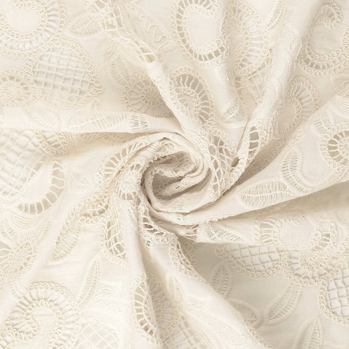 Tara Embroidery Crochet Effect Cotton Fabric - Swirl Eyelet Lace