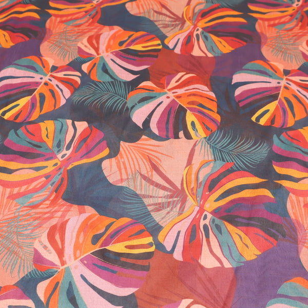 May Printed Mango Faux Silk Dressmaking Fabric - Tropical Palm Leaves