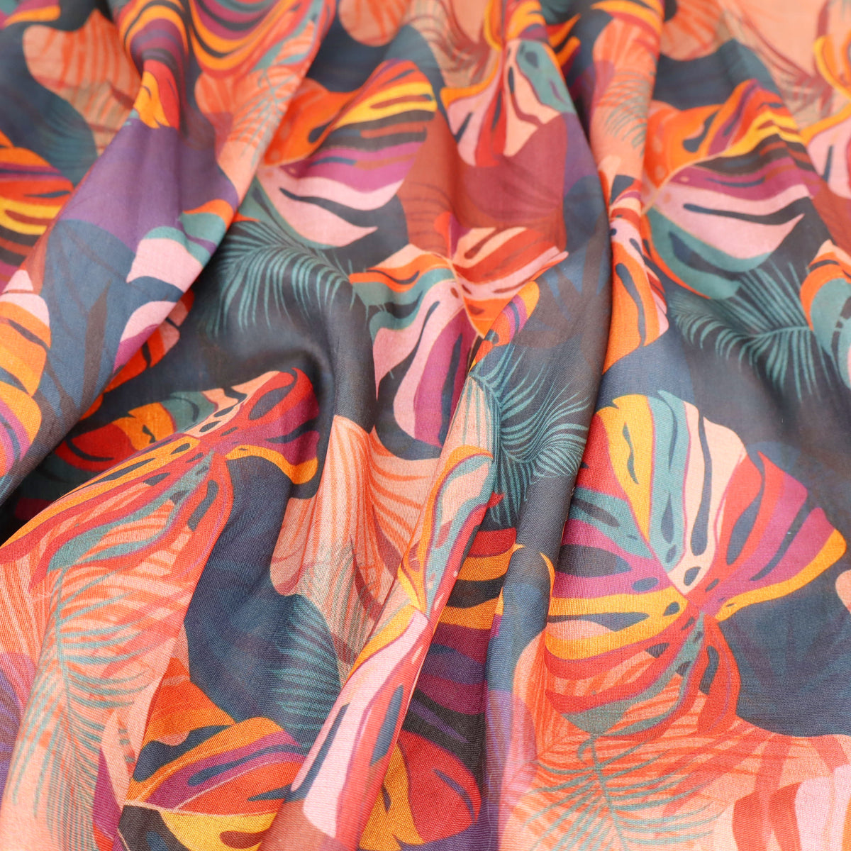 May Printed Mango Faux Silk Dressmaking Fabric - Tropical Palm Leaves
