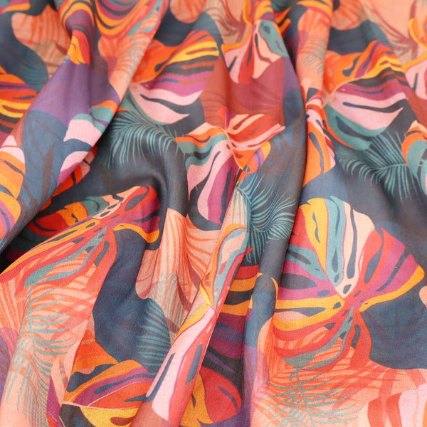 May Printed Mango Faux Silk Dressmaking Fabric - Tropical Palm Leaves