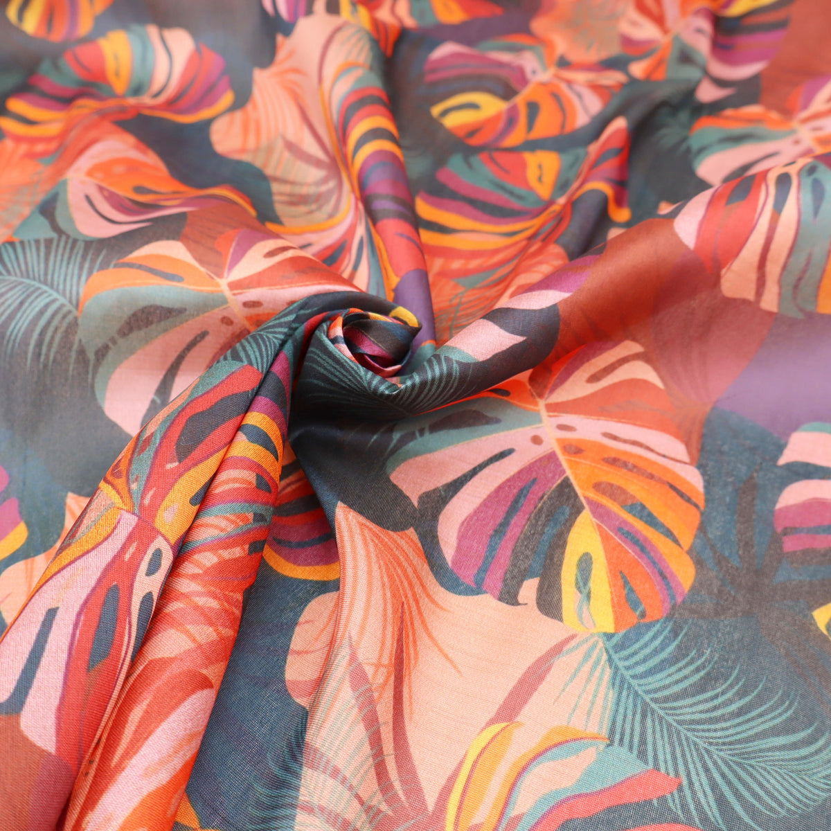 May Printed Mango Faux Silk Dressmaking Fabric - Tropical Palm Leaves