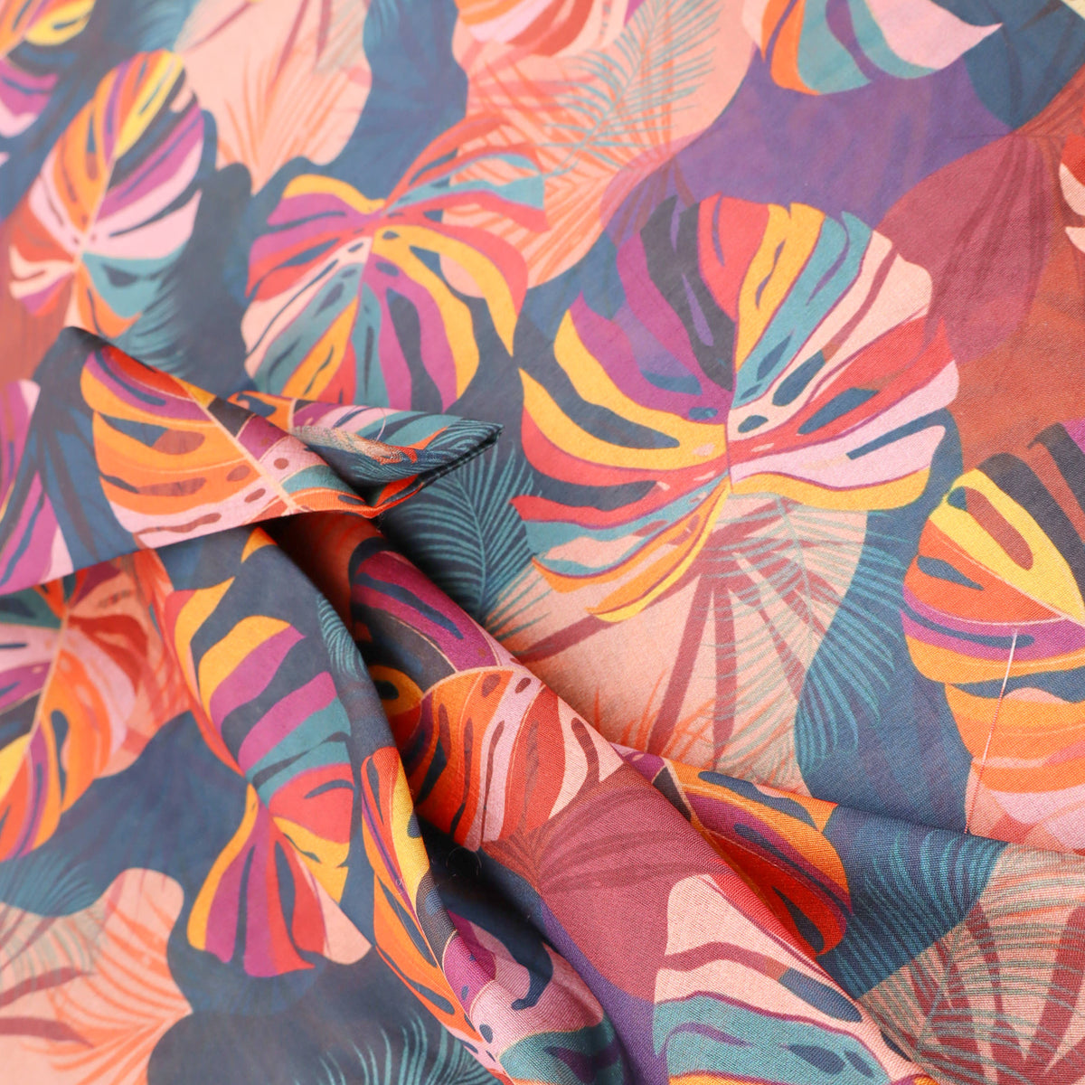 May Printed Mango Faux Silk Dressmaking Fabric - Tropical Palm Leaves