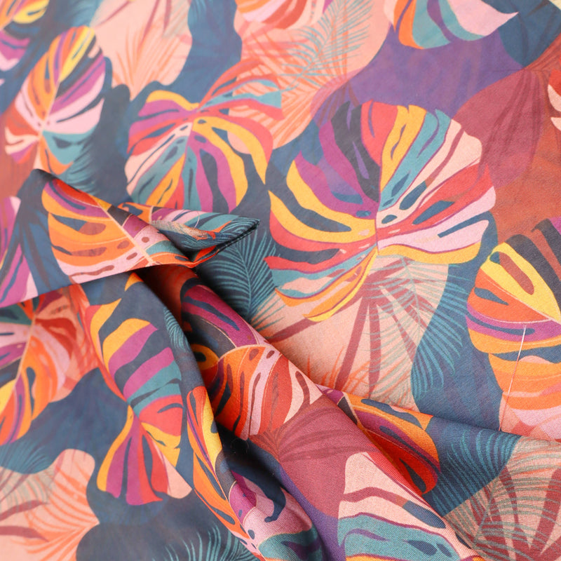 May Printed Mango Faux Silk Dressmaking Fabric - Tropical Palm Leaves