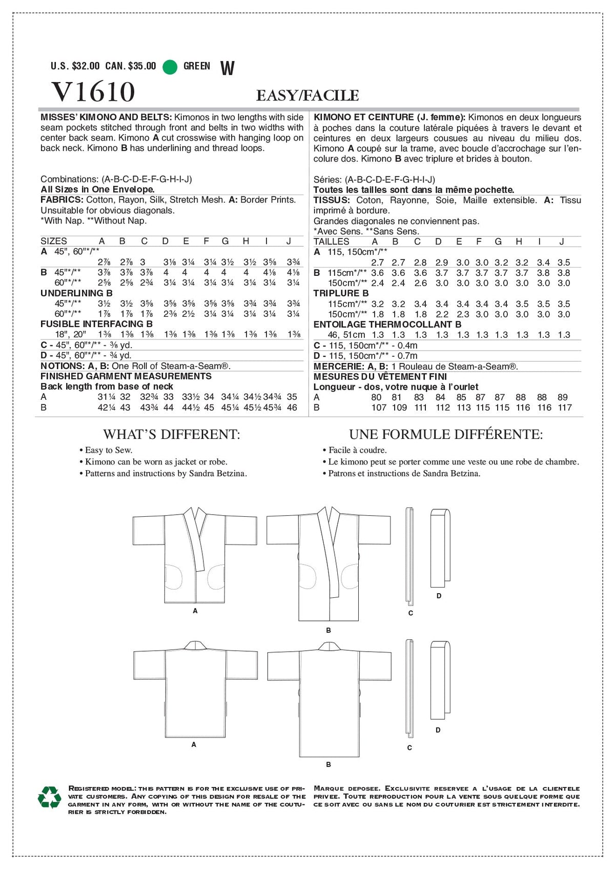 Vogue Misses Jacket Jacket Sewing Pattern V1610A