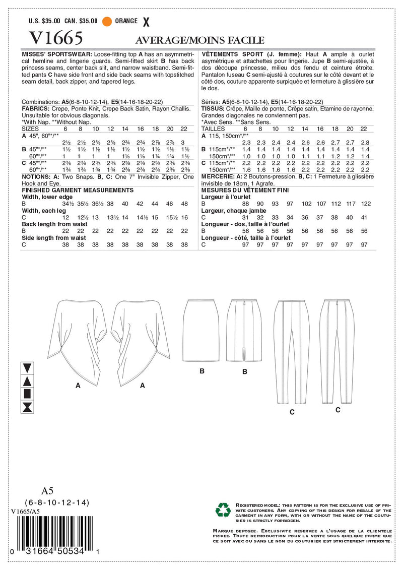 Vogue Misses Sportswear Sewing Pattern V1665