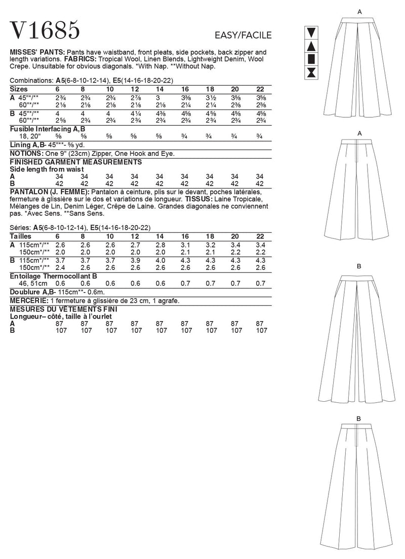 Vogue Pants Misses Sewing Pattern V1685