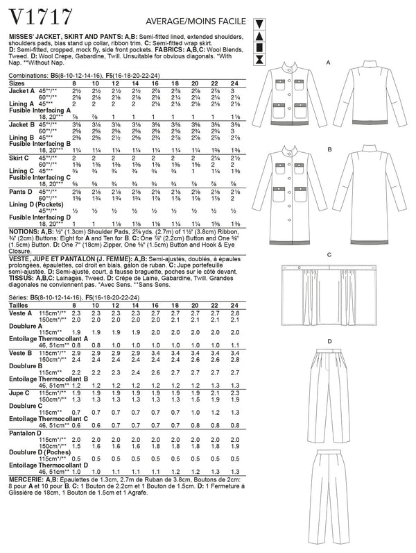 Vogue Jacket Misses Bottoms Sewing Pattern V1717