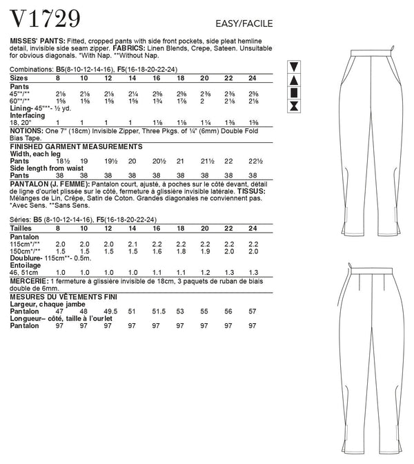 Vogue Pants Misses Sewing Pattern V1729