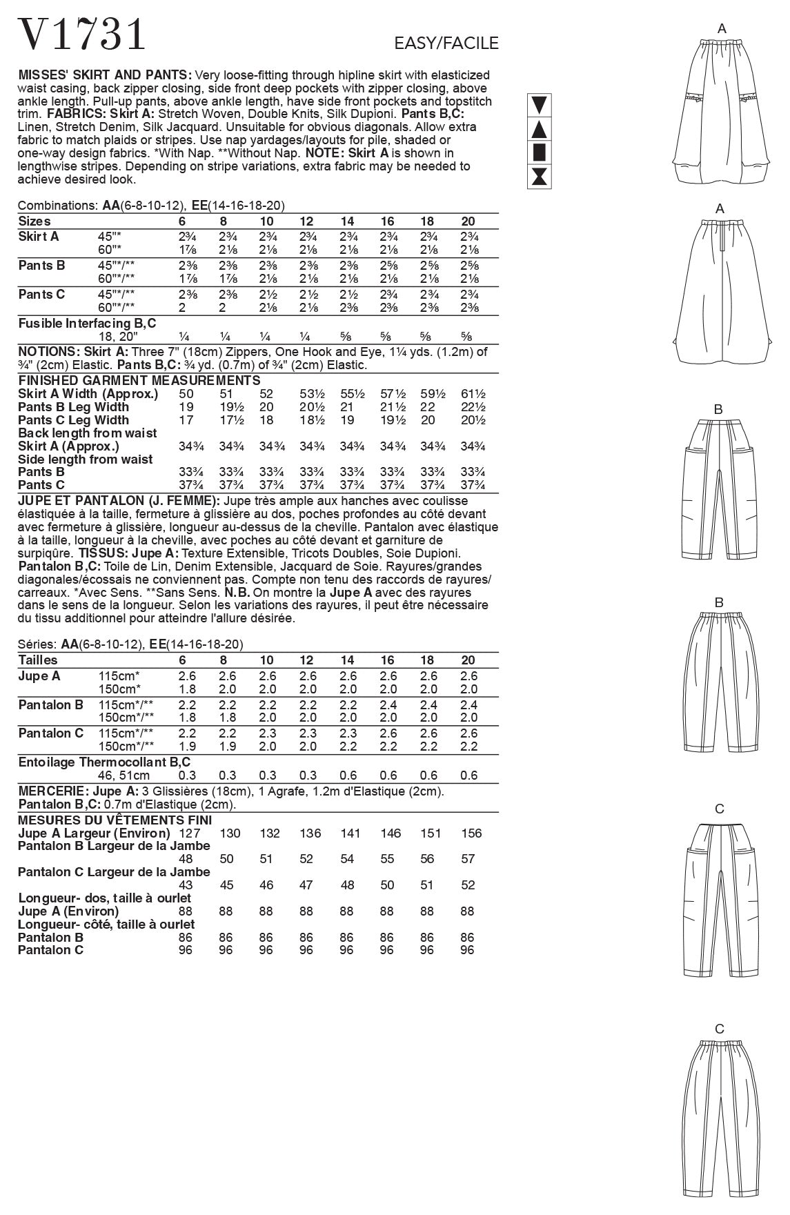 Vogue Skirt Misses Pants Sewing Pattern V1731