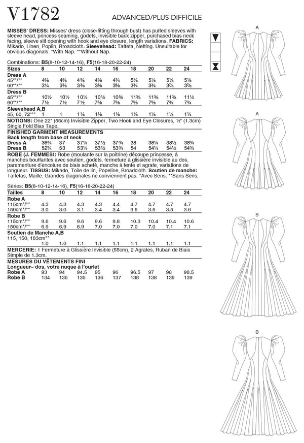 Vogue Dress Misses Sewing Pattern V1782