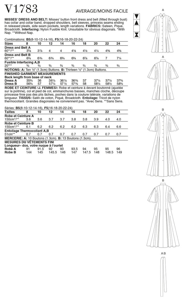 Vogue Dress Misses Belt Sewing Pattern V1783