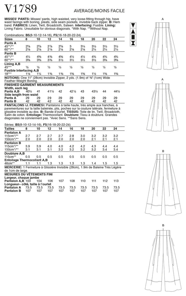 Vogue Pants Misses Sewing Pattern V1789