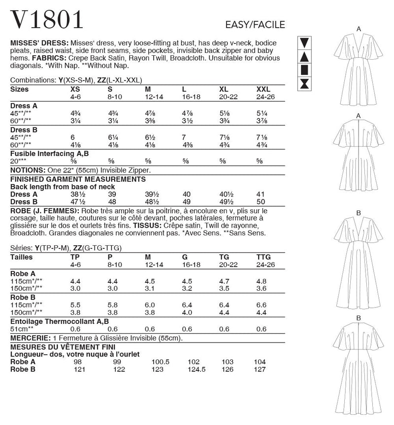 Vogue Dress Misses Sewing Pattern V1801