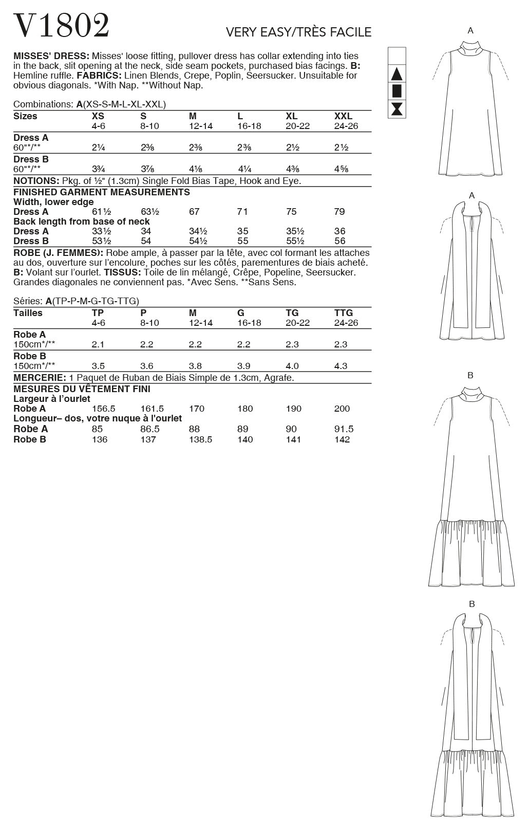 Vogue Misses Dress Misses Sewing Pattern V1802A (XS-S-M-L-XL-XXL)