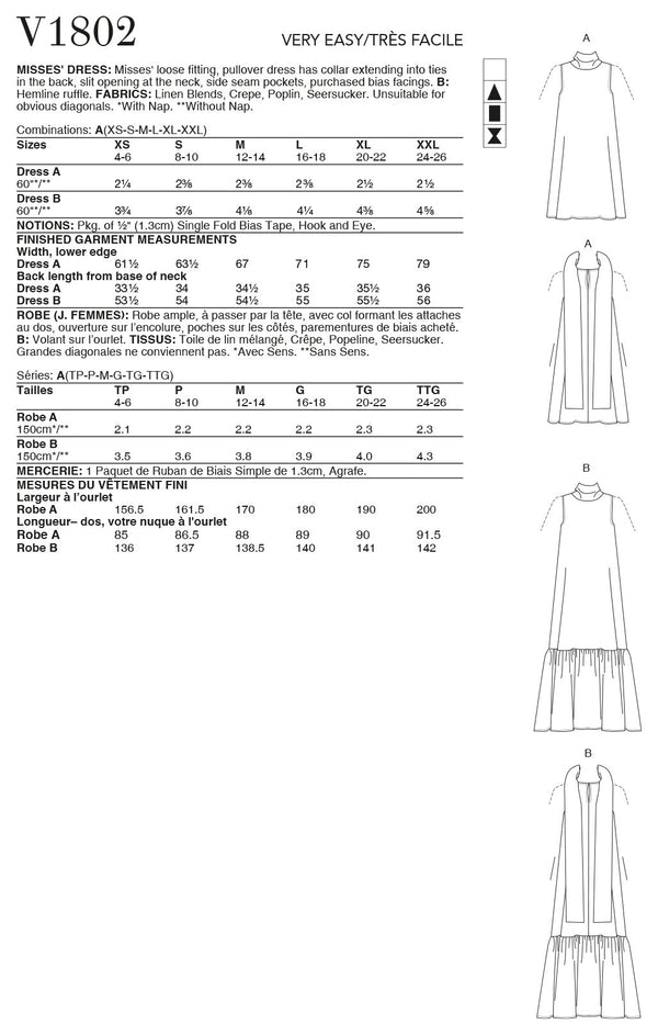 Vogue Misses Dress Misses Sewing Pattern V1802A (XS-S-M-L-XL-XXL)