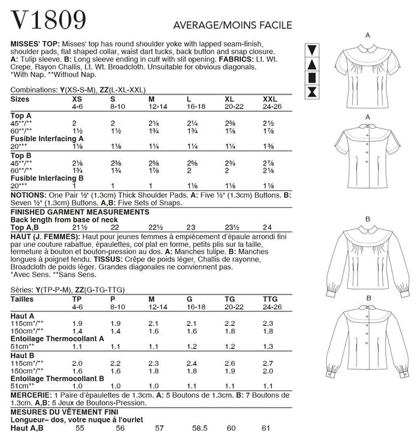 Vogue Top Misses Sewing Pattern V1809