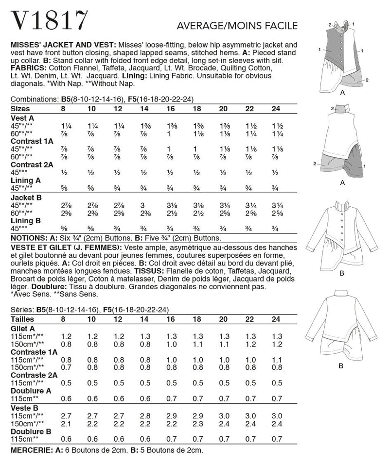 Vogue Jacket Misses Vest Sewing Pattern V1817
