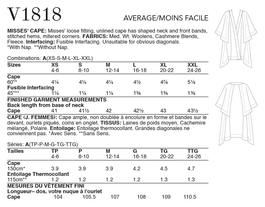 Vogue Misses Jacket Cape Sewing Pattern V1818A (XS-S-M-L-XL-XXL)