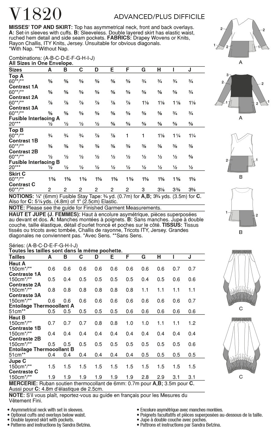 Vogue Misses Sportswear Top Skirt Sewing Pattern V1820A (A-B-C-D-E-F-G-H-I-J)