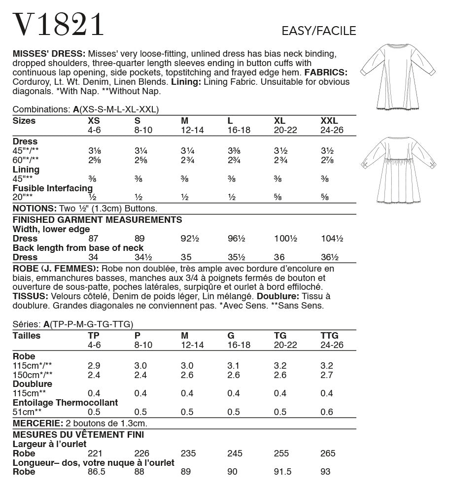 Vogue Misses Dress Sewing Pattern V1821A (XS-S-M-L-XL-XXL)