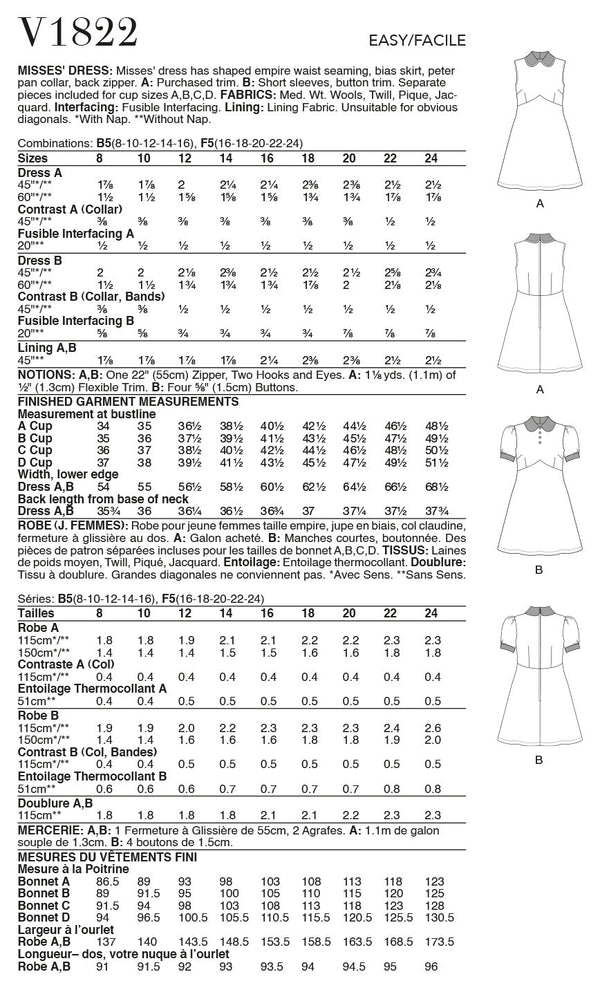 Vogue Dress Misses Sewing Pattern V1822