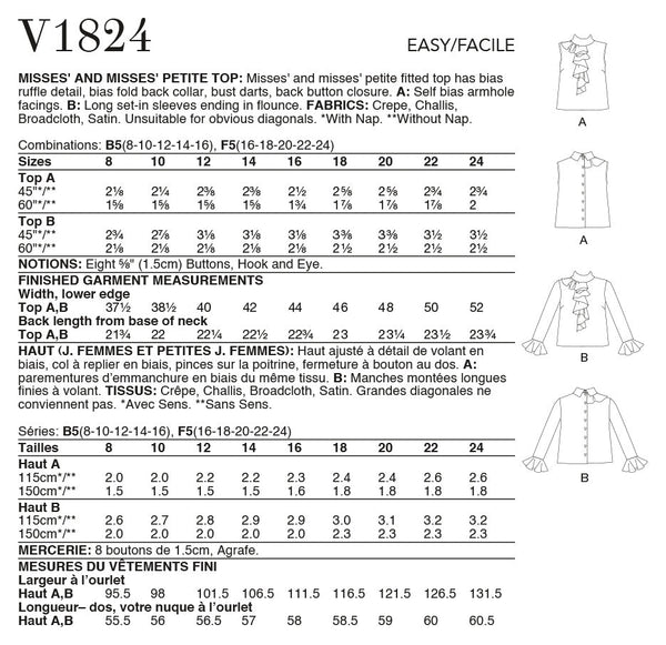 Vogue & Misses Petite Misses Top Sewing Pattern V1824