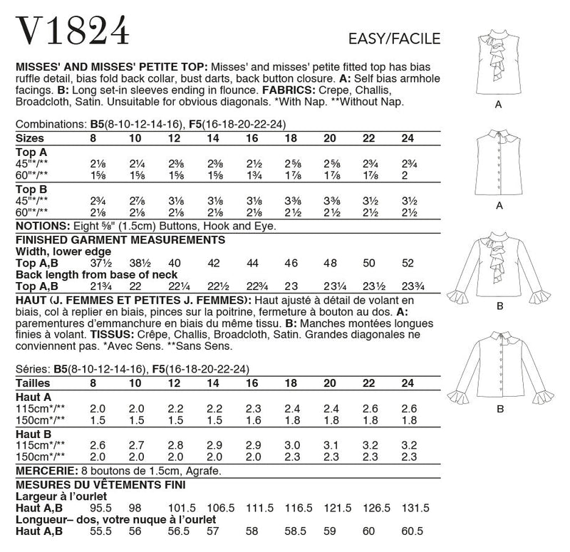 Vogue & Misses Petite Misses Top Sewing Pattern V1824