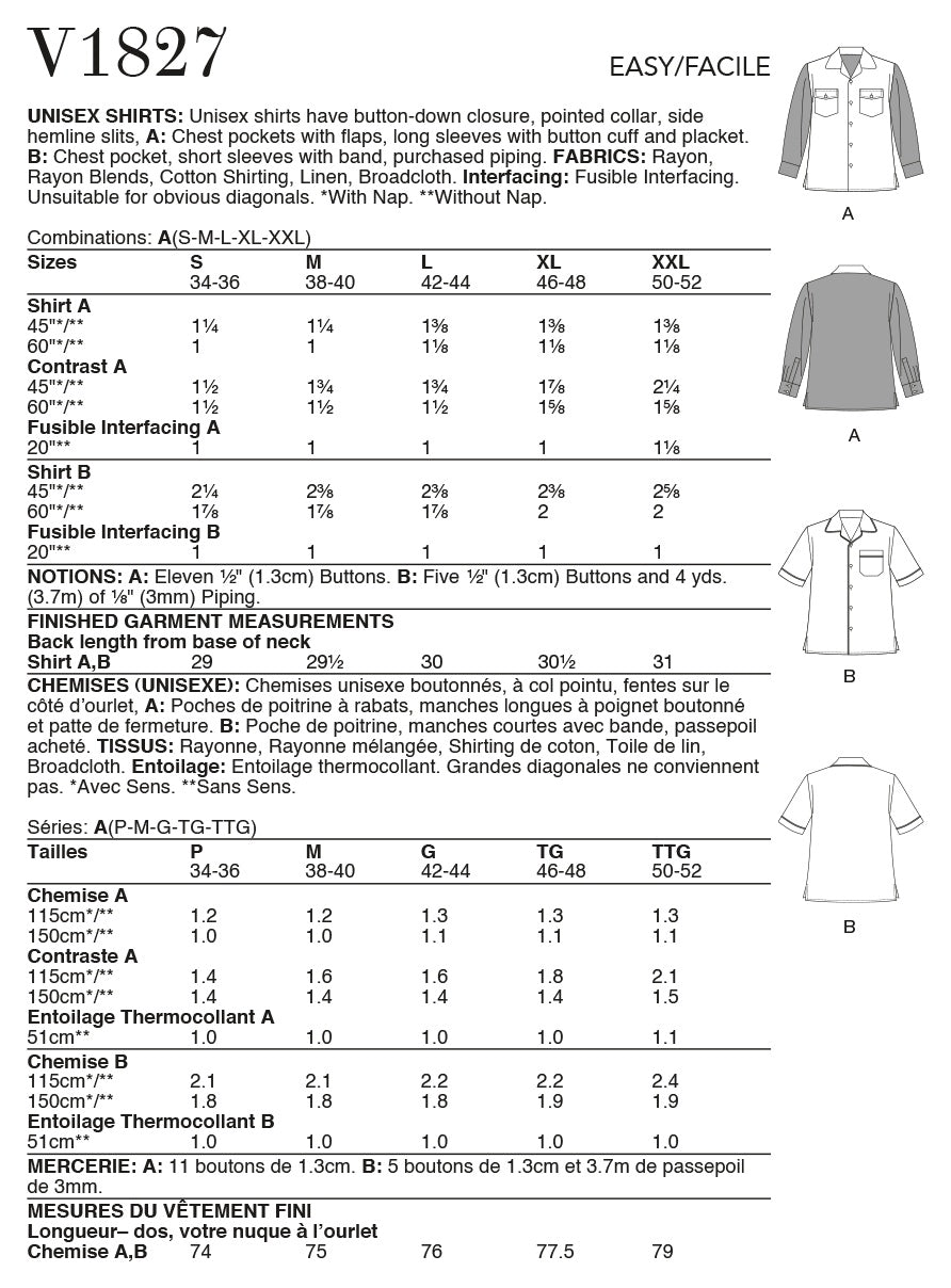 Vogue Unisex Top/Vest Shirts Unisex Sewing Pattern V1827A (S-M-L-XL-XXL)