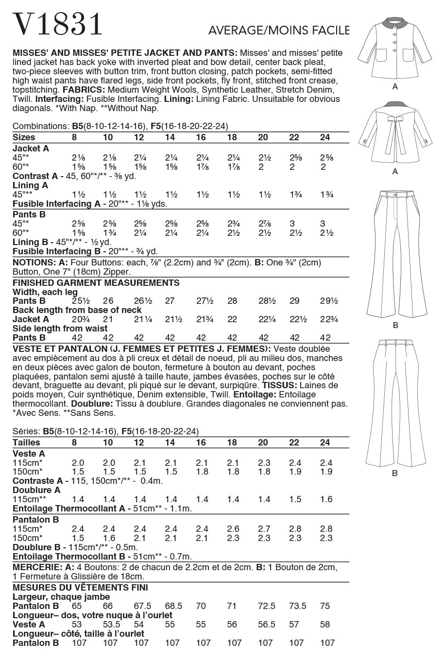 Vogue & Misses Petite Misses Jacket & Pants Sewing Pattern V1831