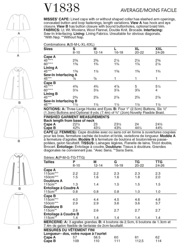 Vogue Misses Jacket Cape Sewing Pattern V1838A (S-M-L-XL-XXL)