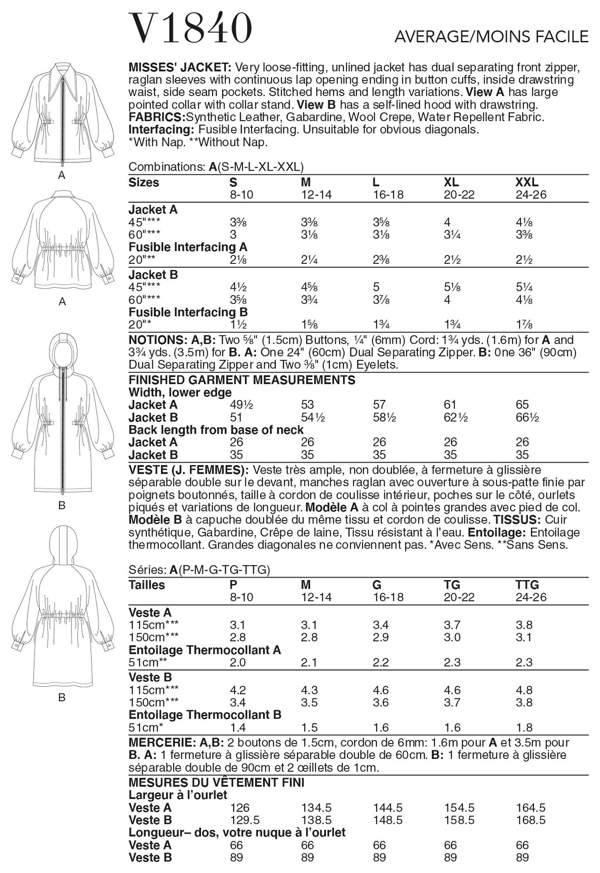 Vogue Misses Jacket Misses Sewing Pattern V1840A (S-M-L-XL-XXL)