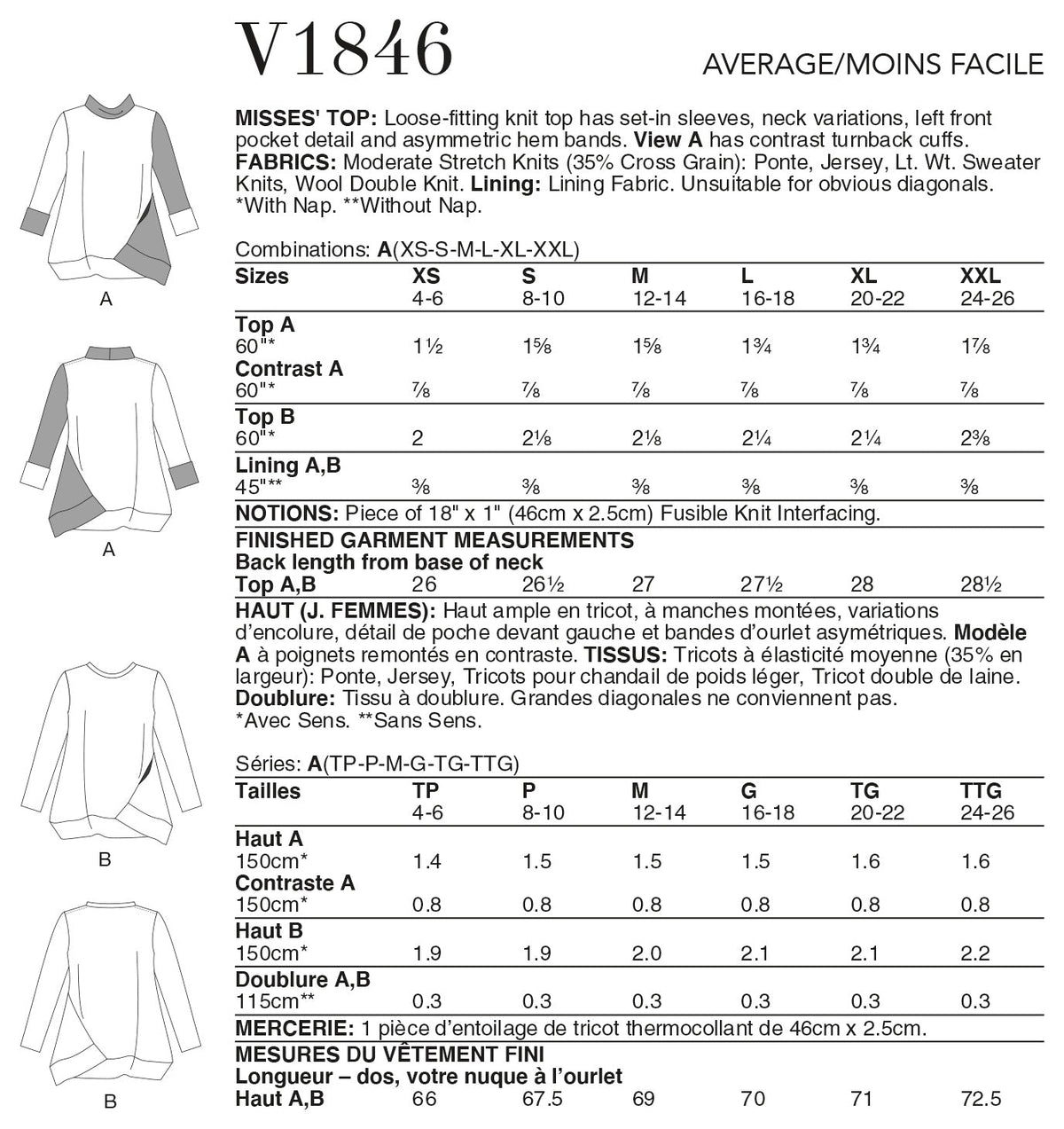 Vogue Misses Top/Vest Top Misses Sewing Pattern V1846A (XS-S-M-L-XL-XXL)