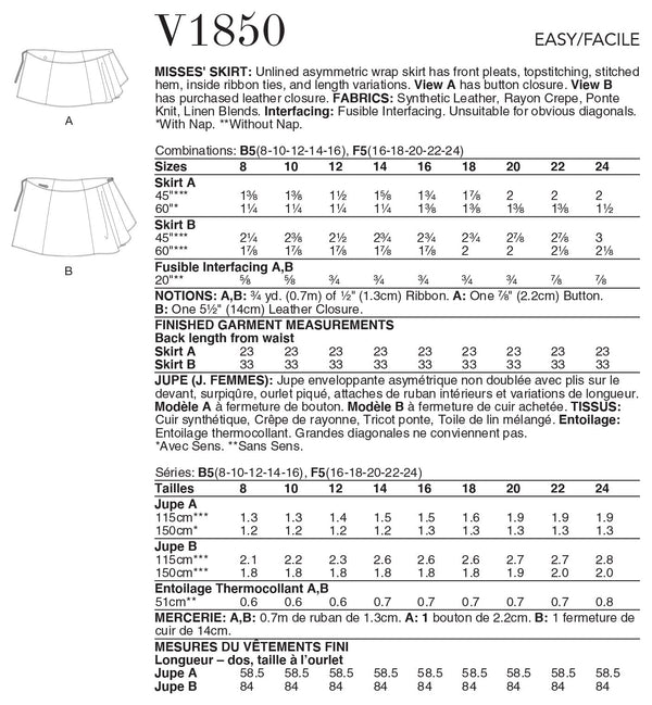 Vogue Skirt Misses Sewing Pattern V1850