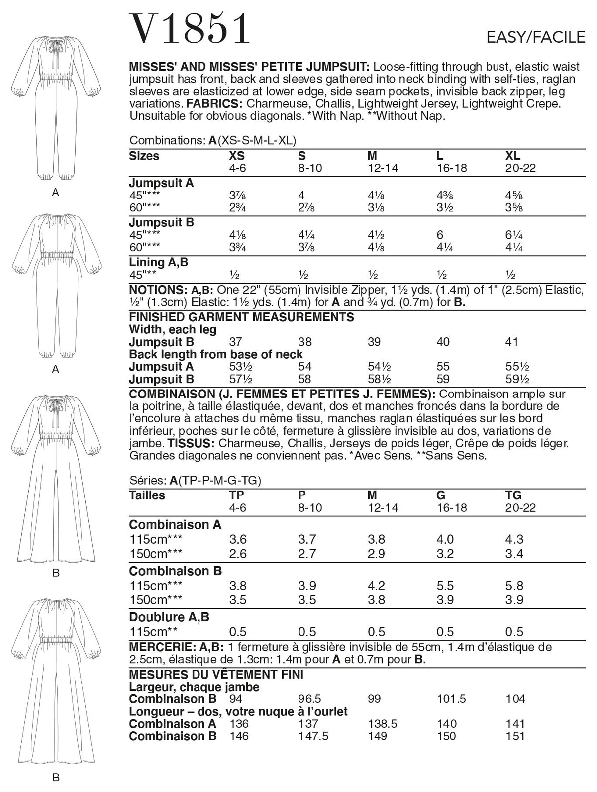 Vogue Misses Sportswear & Petite Jumpsuit Sewing Pattern V1851A (XS-S-M-L-XL)