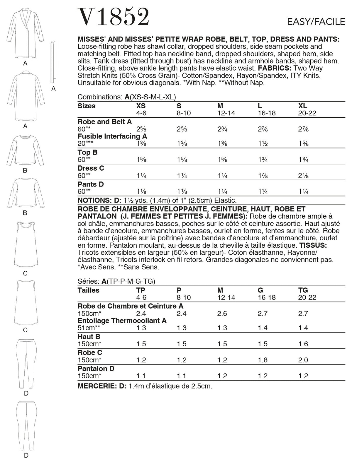 Vogue Misses Sleepwear & Petite Wrap Robe Belt Top Dress Pattern V1852A (XS-XL)